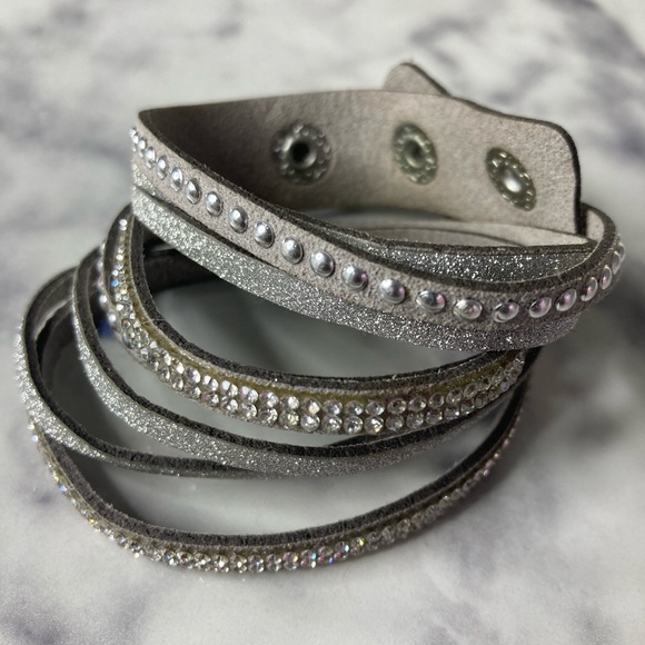 Grey Rhinestone & Rivet Faux Suede Wrap Bracelet - Picture 3 of 8